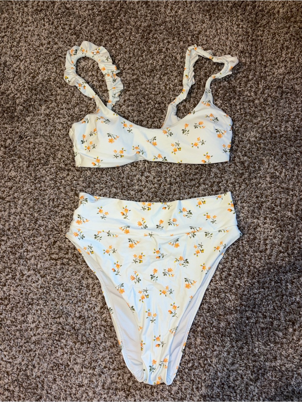 Floral High-Waist Bikini Set - White with Coral Flowers